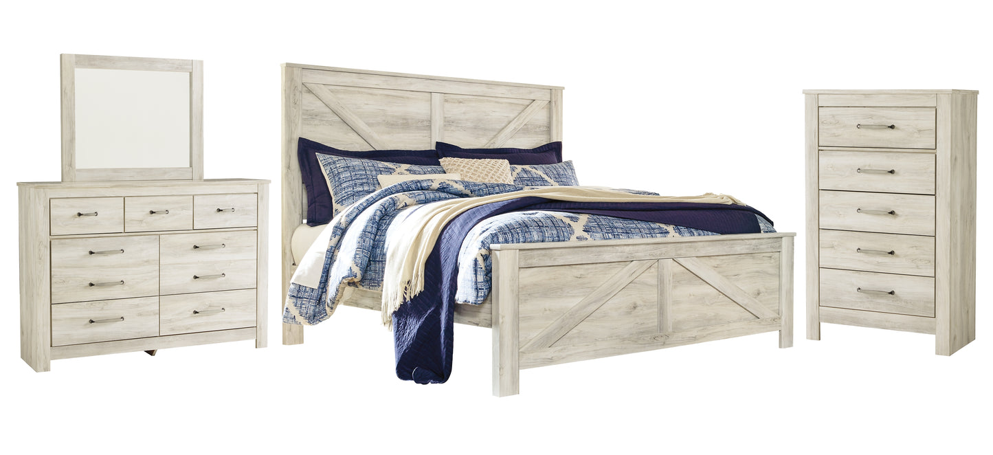 Bellaby  Crossbuck Panel Bed With Mirrored Dresser And Chest