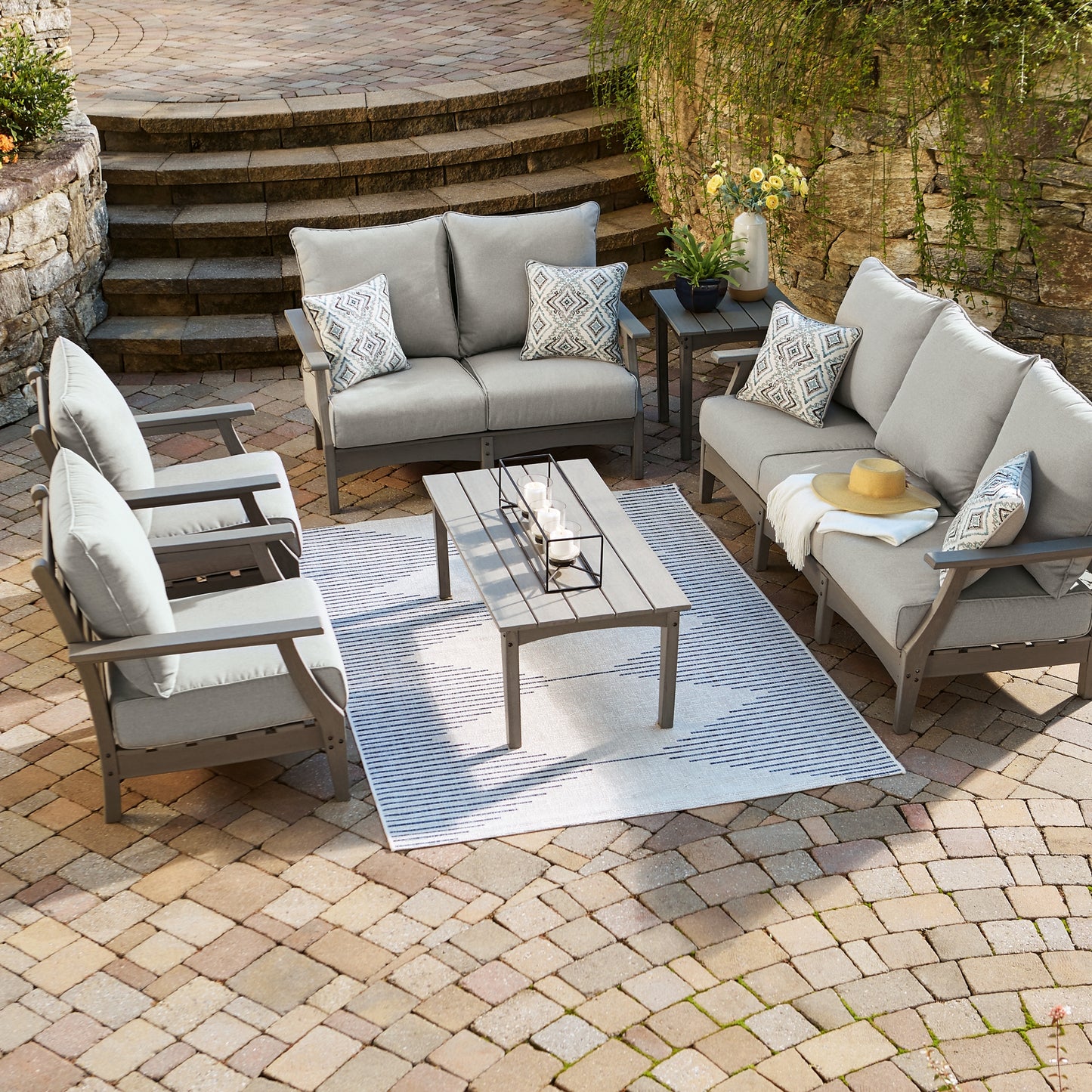 Visola Outdoor Sofa, Loveseat and 2 Lounge Chairs with Coffee Table and End Table