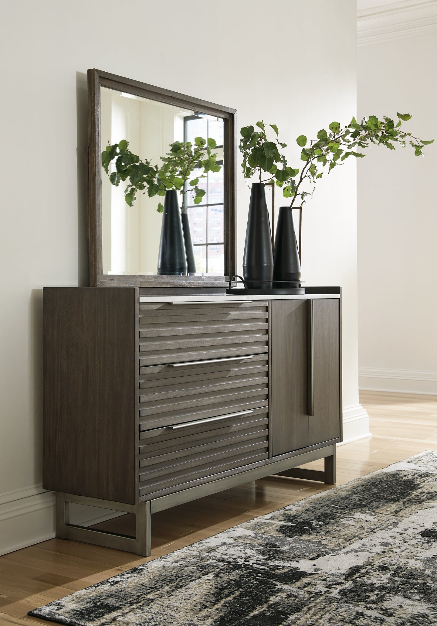 Arkenton Queen Panel Bed with Mirrored Dresser and 2 Nightstands