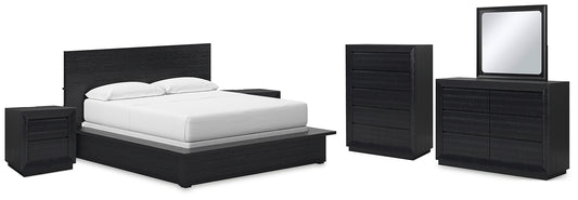 Londer California King Panel Bed with Mirrored Dresser, Chest and 2 Nightstands