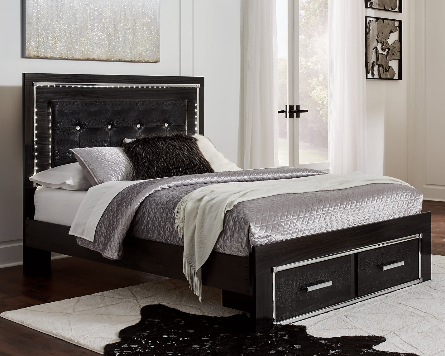 Kaydell Queen Panel Bed with Storage with Mirrored Dresser and Chest