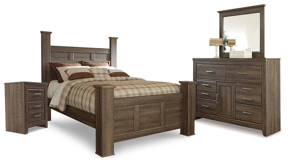 Juararo Queen Poster Headboard with Mirrored Dresser and Nightstand