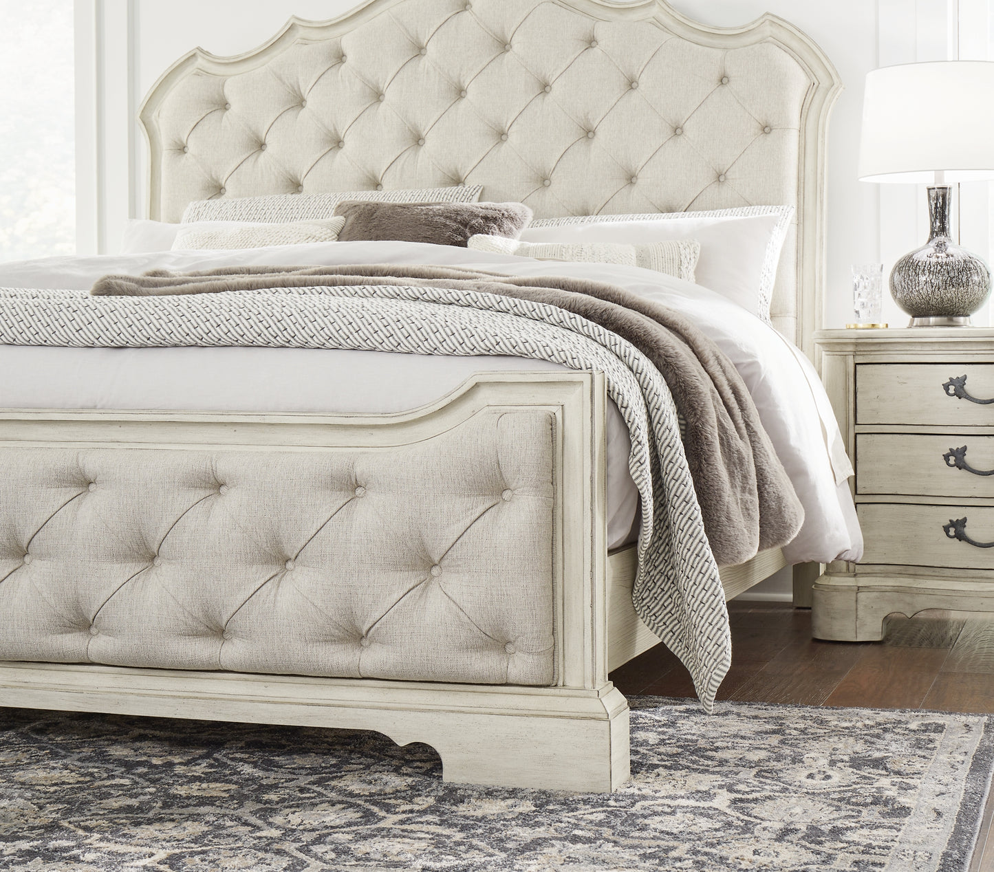 Arlendyne California King Upholstered Bed with Mirrored Dresser and Chest