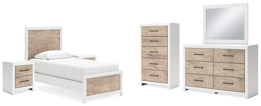 Charbitt Twin Panel Bed with Mirrored Dresser, Chest and 2 Nightstands